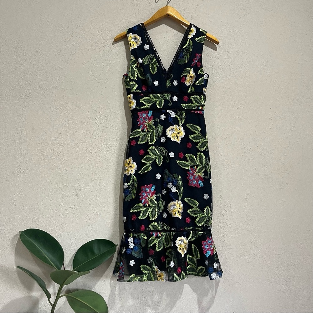 Belle Badgley Mischka Black Dress with Colorful Floral Embroidery